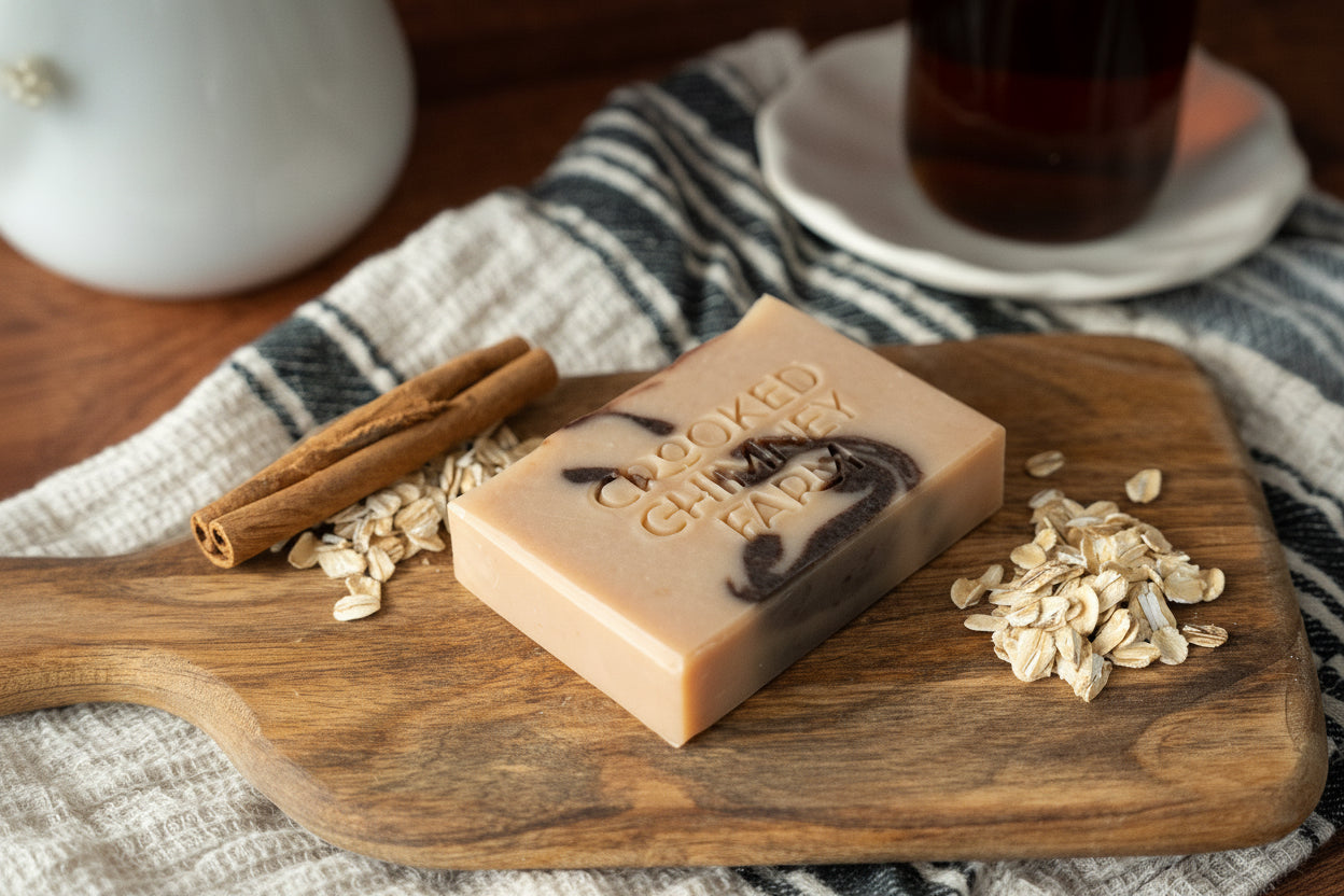 A rectangular bar of oatmeal-colored soap with dark swirls and the words &