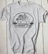 Heathered white tee shirt with Crooked Chimney Farm logo on the front center. Logo has 2 goats and a barn.