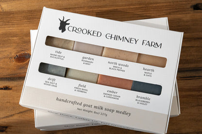 Crooked Chimney Farm Goat Milk Soap Medley Gift Box on Wood background 