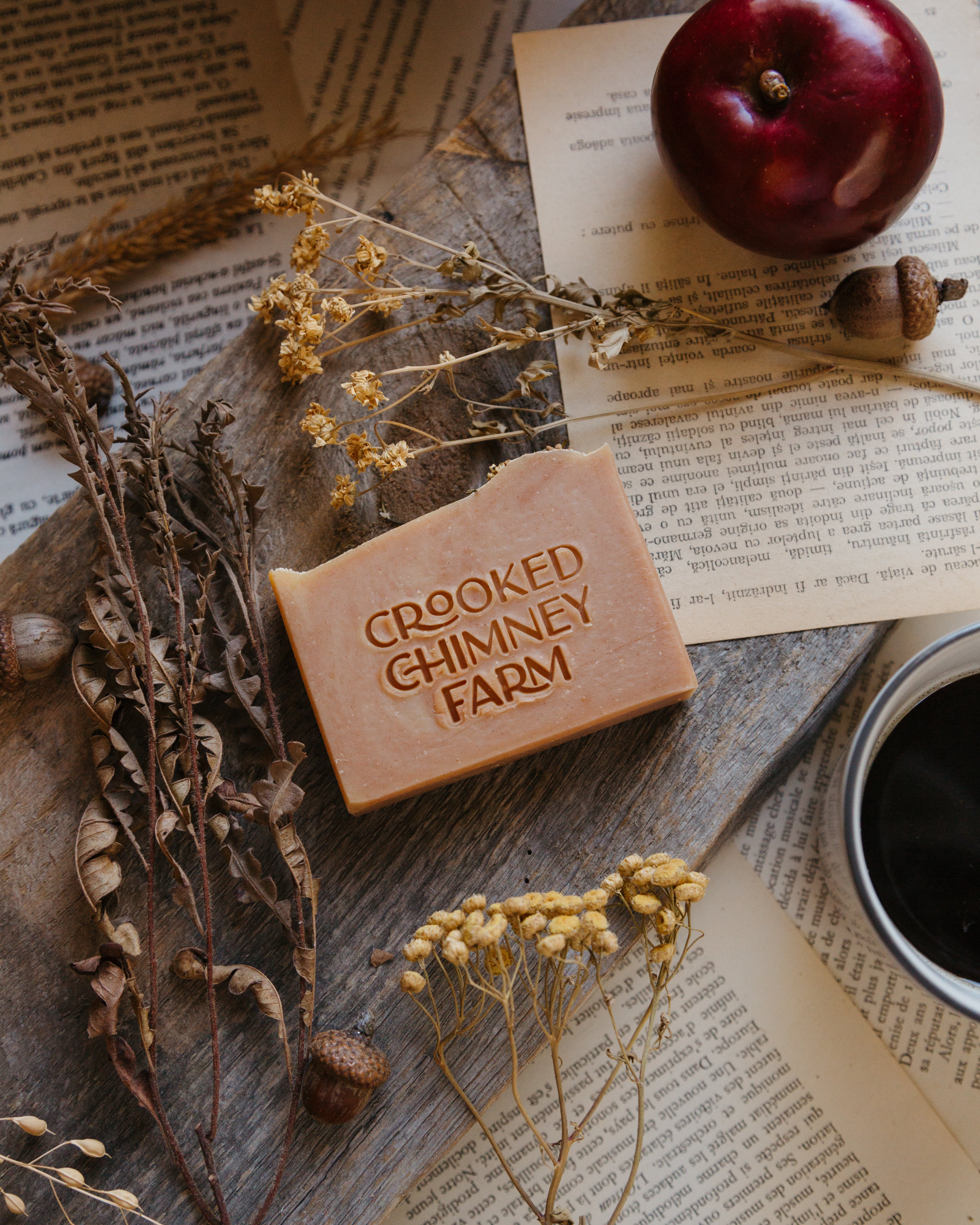 a bar of stars hollow soap surrounded by book pages, coffee, apple, dried flowers