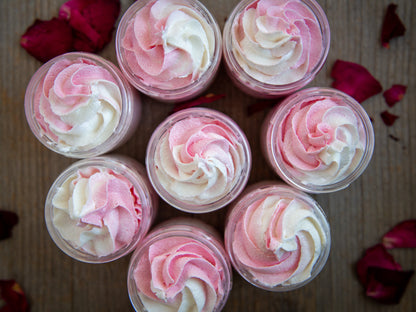 arial view of 8 open jars of wild rose sugar whipped scrub