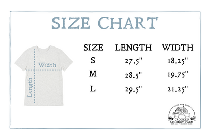 SIZE CHART for tee shirt. Small 27.5&quot; by 18.25&quot;, Medium 28.5&quot; by 19.75&quot; Large 29.5&quot; by 21.25&quot;